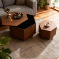 Hexagonal Nesting Coffee Tables Set of 2, Walnut Coffee Table with Storage, Mid Century Modern Center End Side Tables with Anti-Slip Feet for Living Room Farmhouse Apartment Office