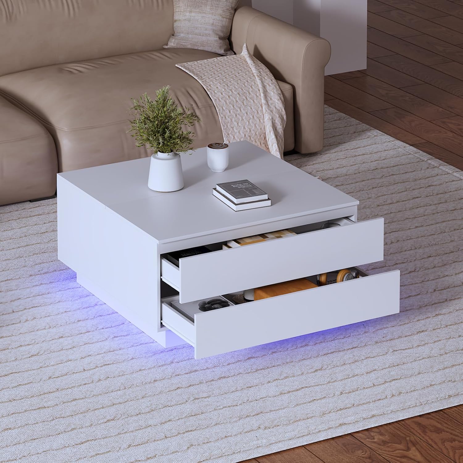HedoAjim Square Coffee Tables with Storages, Modern White Coffee Table for Living Room, Flip Cover Coffee Tables and 2 Spacious Drawers, Coffee Table with LED Light