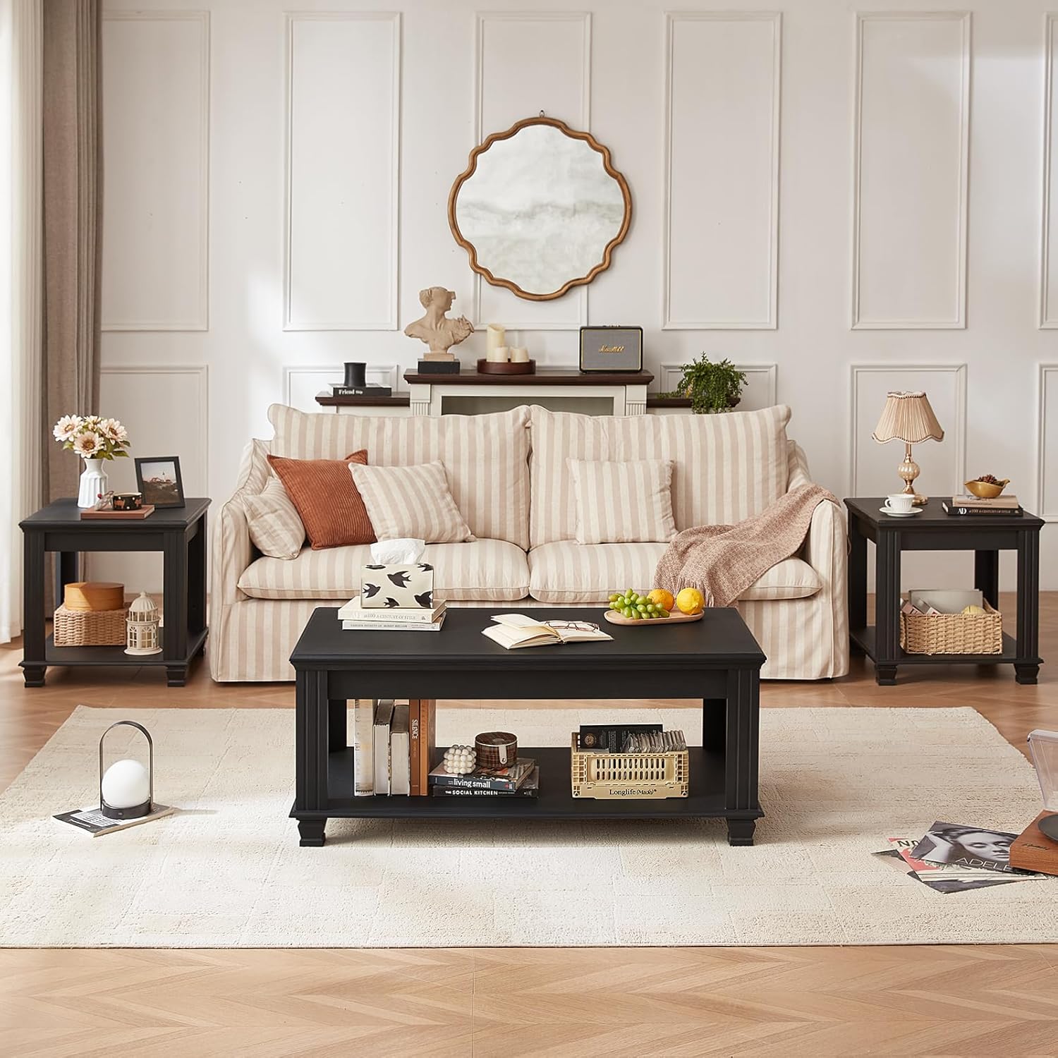 SAVOR LIFE Farmhouse Coffee Table Set of 3,Rustic Wooden Living Room Table Set,Large Coffee/End Side Tables with Open Shelf for Living Room,Black