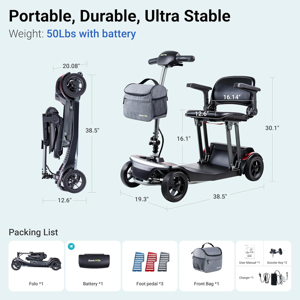 Mobility Scooter for Senior & Adults, Cruise & Airport Approved-44lb Foldable Portable Motorized Scooters with Removable Lithium Battery for 15.53 Miles Travel, 298lb Capacity (with 2-in-1 Holder)