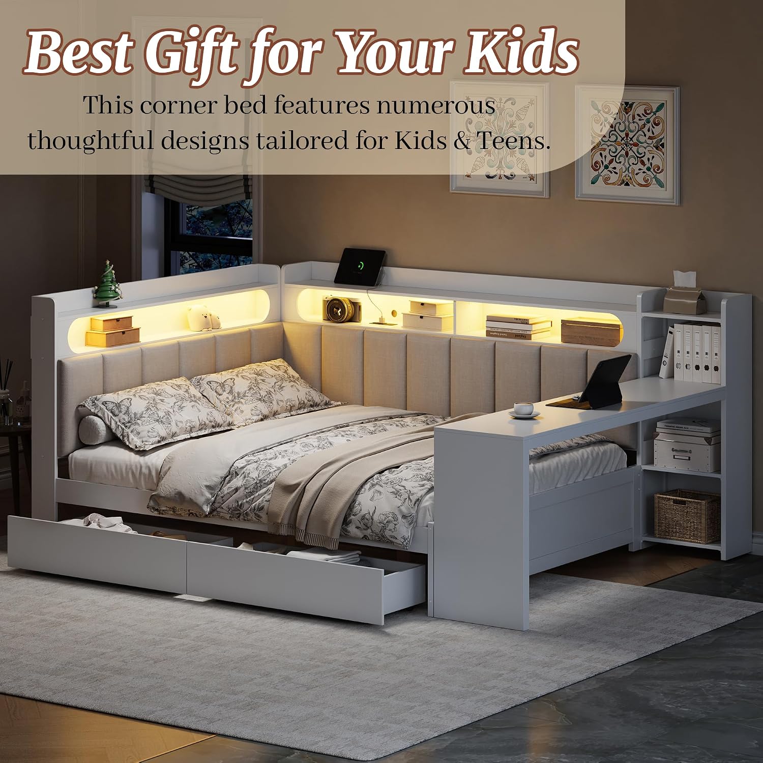 Full Size Corner Bed Frame, Full Size Daybed with Storage Shelves & Storage Drawers, Wood Corner Bed with Charging Station & LED Light, Desk & Upholstered Headboard and Backrest, White