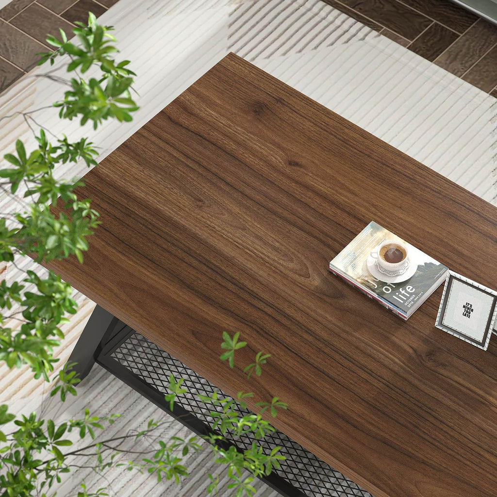 FOLUBAN Modern Coffee Tables for Lliving Room, Retro Wood and Metal Coffee Table with Storage, 2-Tier Industrial Rectangle Cocktail Tea Table, Walnut, 47 Inch