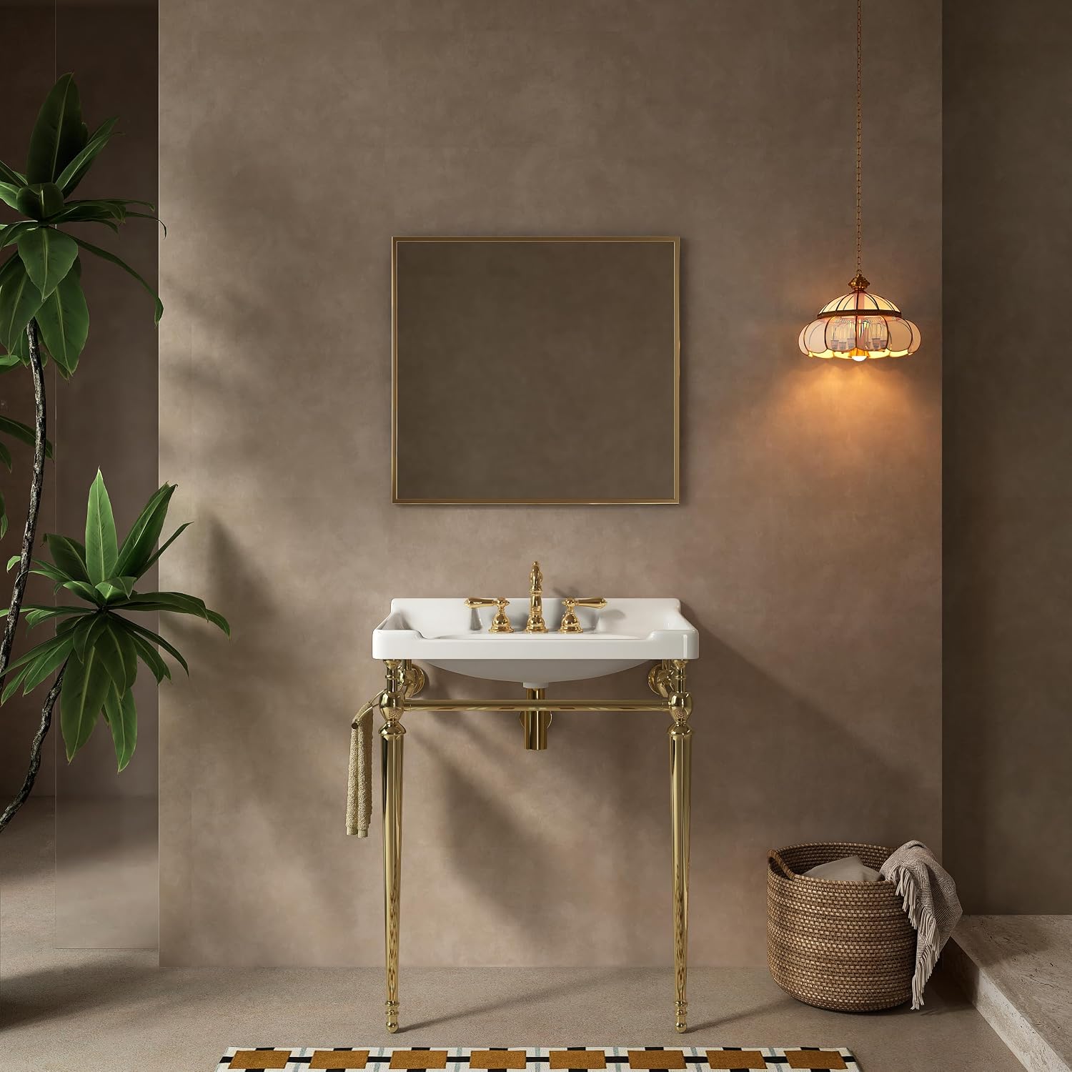 28' Bathroom Console Sink, Wall-Mounted White Ceramic Vanity Basin with 3 Pre-drilled Faucet Holes, Freestanding Gold Stainless Steel Support Legs with Towel Bar, No Faucet - Rome, White