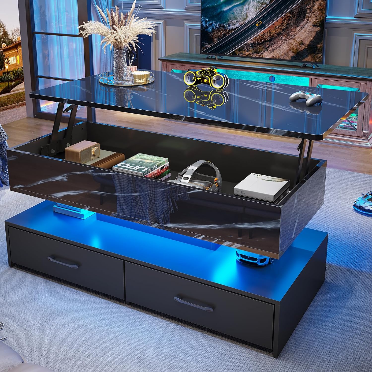 SEDETA 40' Lift Top Coffee Table, Coffee Tables with Storage for Living Room, Small Coffee Table with 2 Drawers & LED Light for Dining Reception Room, Black Marble