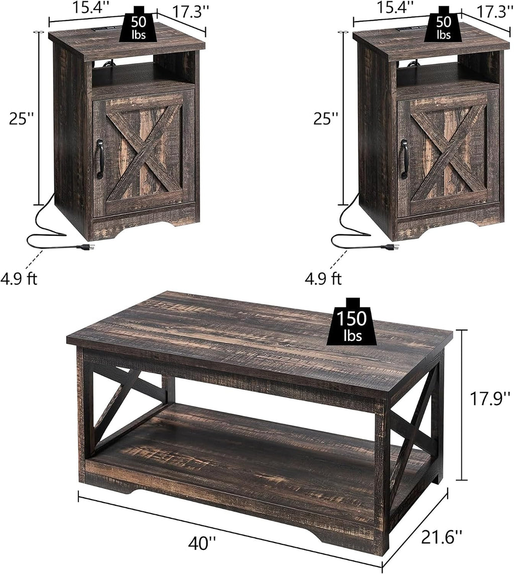 LUXOAK 3-Piece Farmhouse Living Room Table Sets, Includes 1 x Coffee Table, 2 x End Tables with Charging Station & USB Ports, Rustic Coffee Table Set of 3, Black Oak