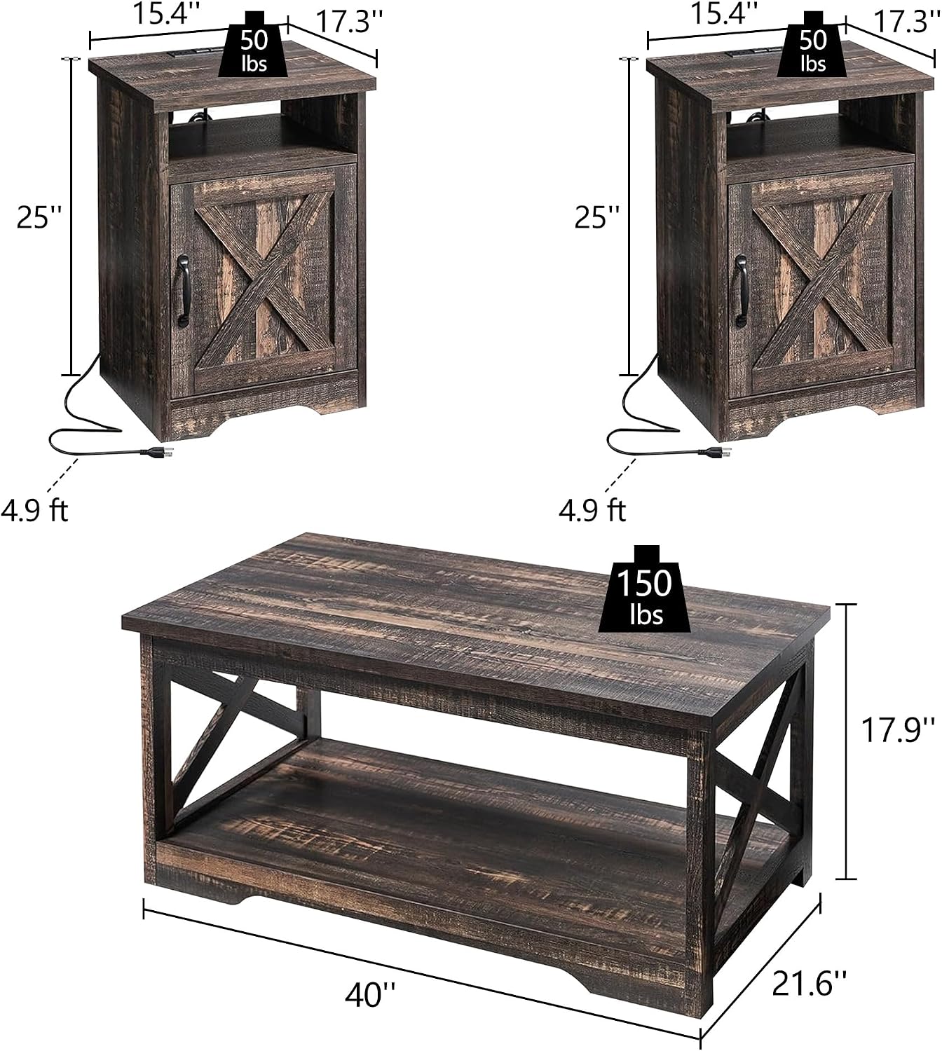 LUXOAK 3-Piece Farmhouse Living Room Table Sets, Includes 1 x Coffee Table, 2 x End Tables with Charging Station & USB Ports, Rustic Coffee Table Set of 3, Black Oak