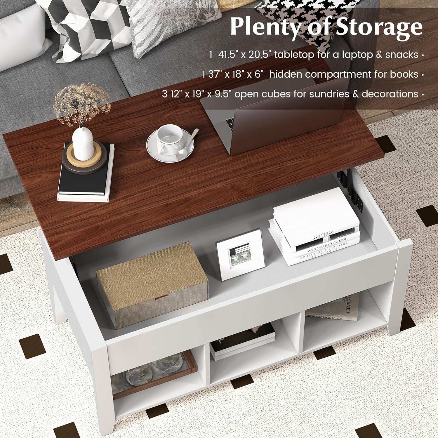 Tangkula Wood Lift Top Coffee Table, Modern Tea Storage with Hidden Compartment and Open Storage Shelf for Living Room Office Reception Room, Lift Center Table (White)