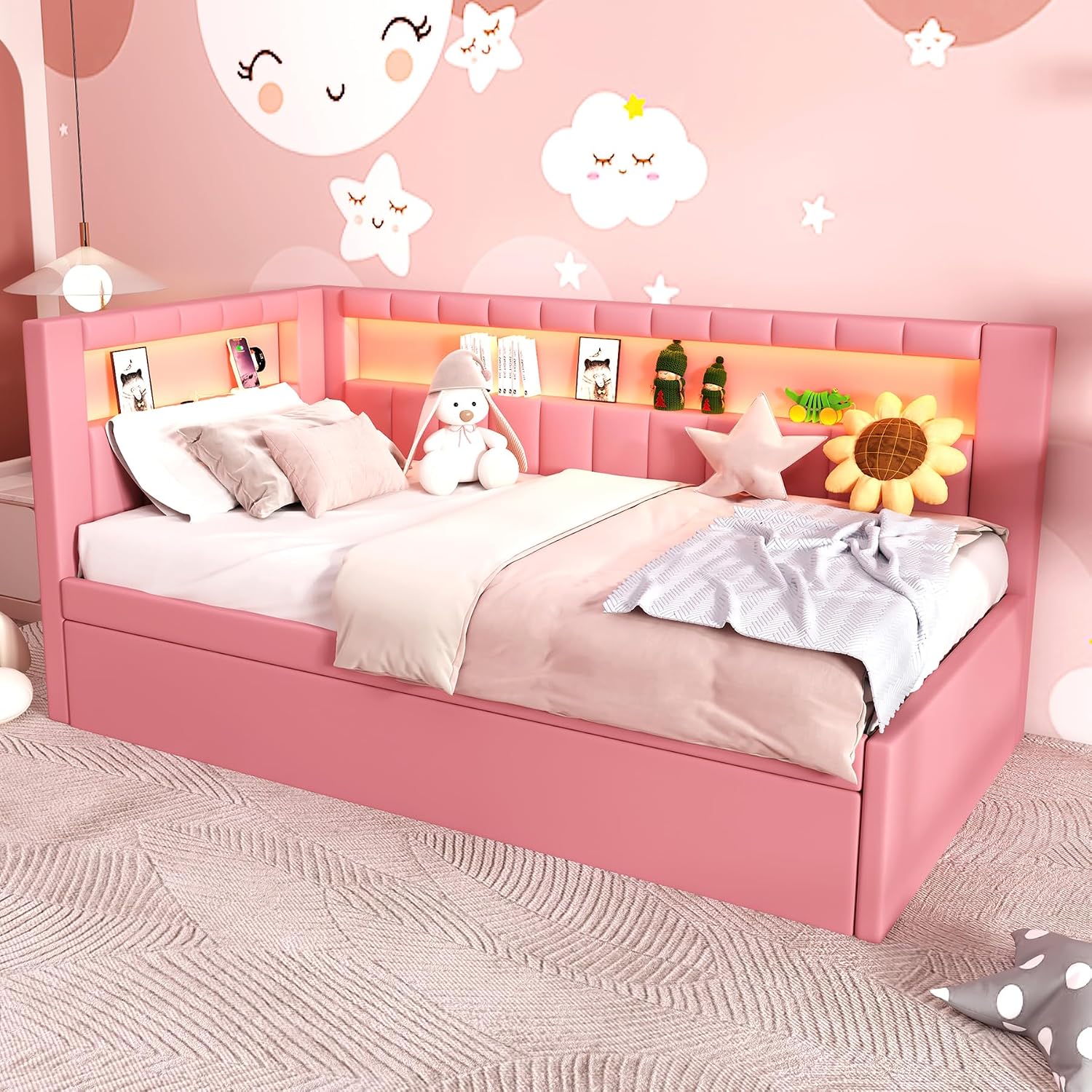 L-Shaped Upholstered Daybed with Trundle and USB Ports & LED,Day Bed with Storage Shelves Headboard,Sleeper Sofa Couch for Living Room-Twin Size,Pink