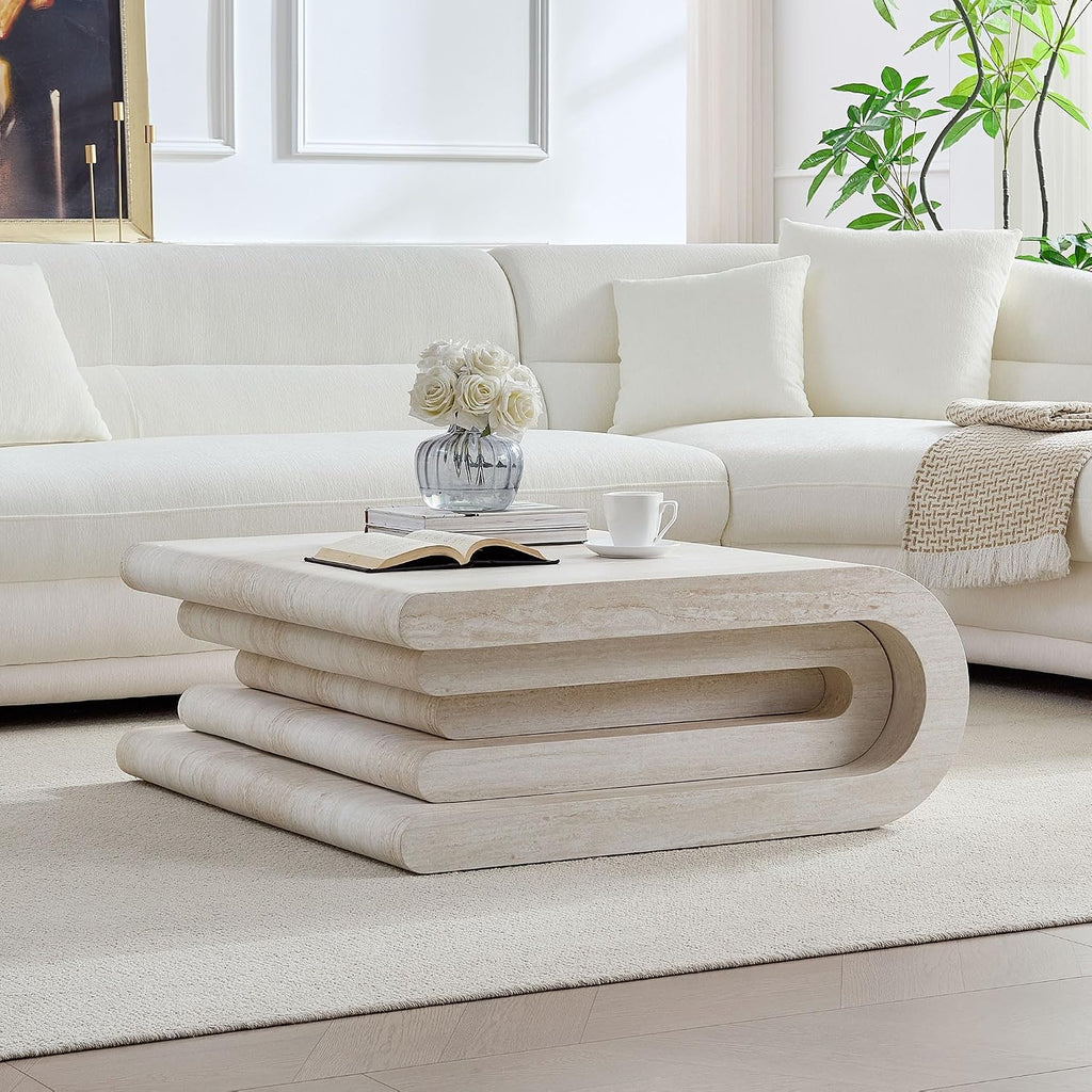 JUSTONE 33.9' Square Faux Travertine Pattern Coffee Table for Living Room, MDF Modern Design Irregular Table with Layered Base, No Assembly Needed, Beige