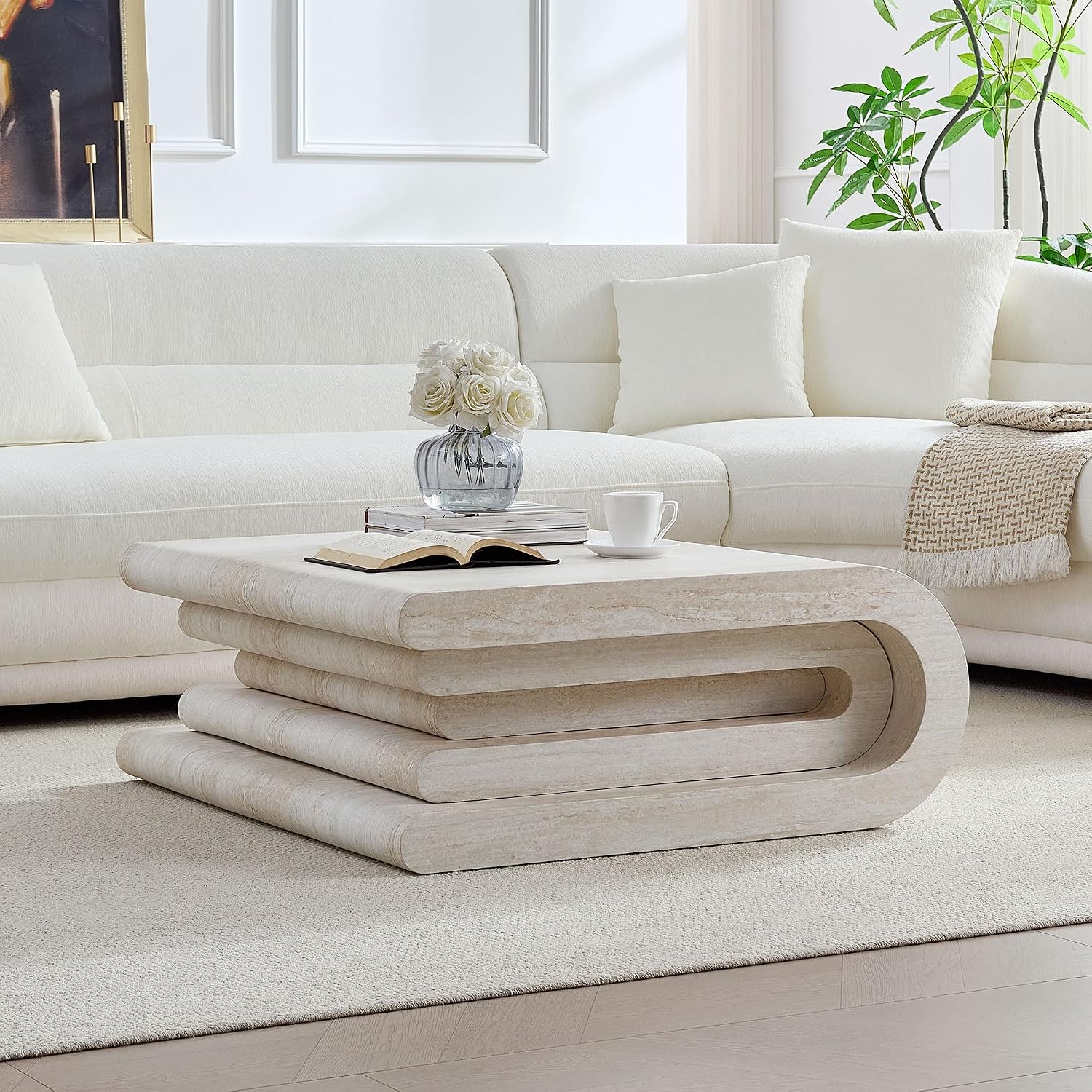 JUSTONE 33.9' Square Faux Travertine Pattern Coffee Table for Living Room, MDF Modern Design Irregular Table with Layered Base, No Assembly Needed, Beige