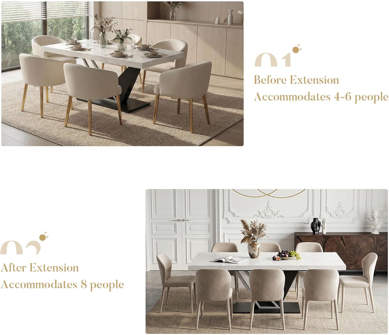 COSIEST 59'' to 78.7'' Extendable Dining Table for 4-8, Faux Marble Expandable Kitchen Table with Sturdy Metal Base, Rectangle Dinner Table for Small Space, Dining Room, Living Room, White