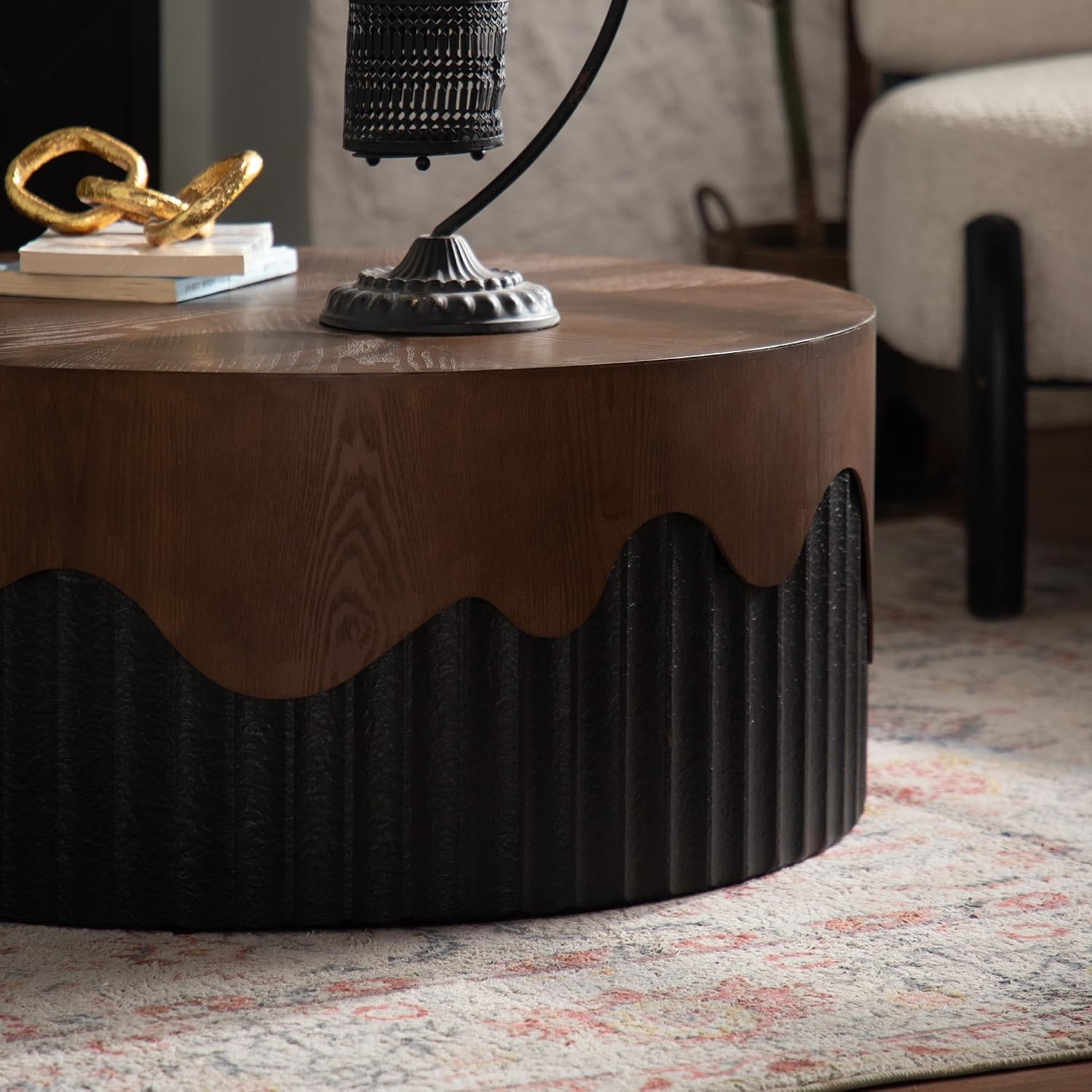 GDFStudio 30.3' Round Coffee Table with Walnut Table Tops, Bark Texture Veneer Circle Coffee Tables with Handcrafted Relief Base, Modern Living Room Side Tea Tables, No Assembly, Black+Walnut
