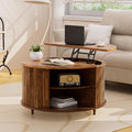 Round Lift Top Coffee Table, 31.5' Fluted Wood Lift Up Center Table with Sliding Door & Hidden Storage, Mid Century Modern Coffee Table for Living Room & Home Office (Walnut)