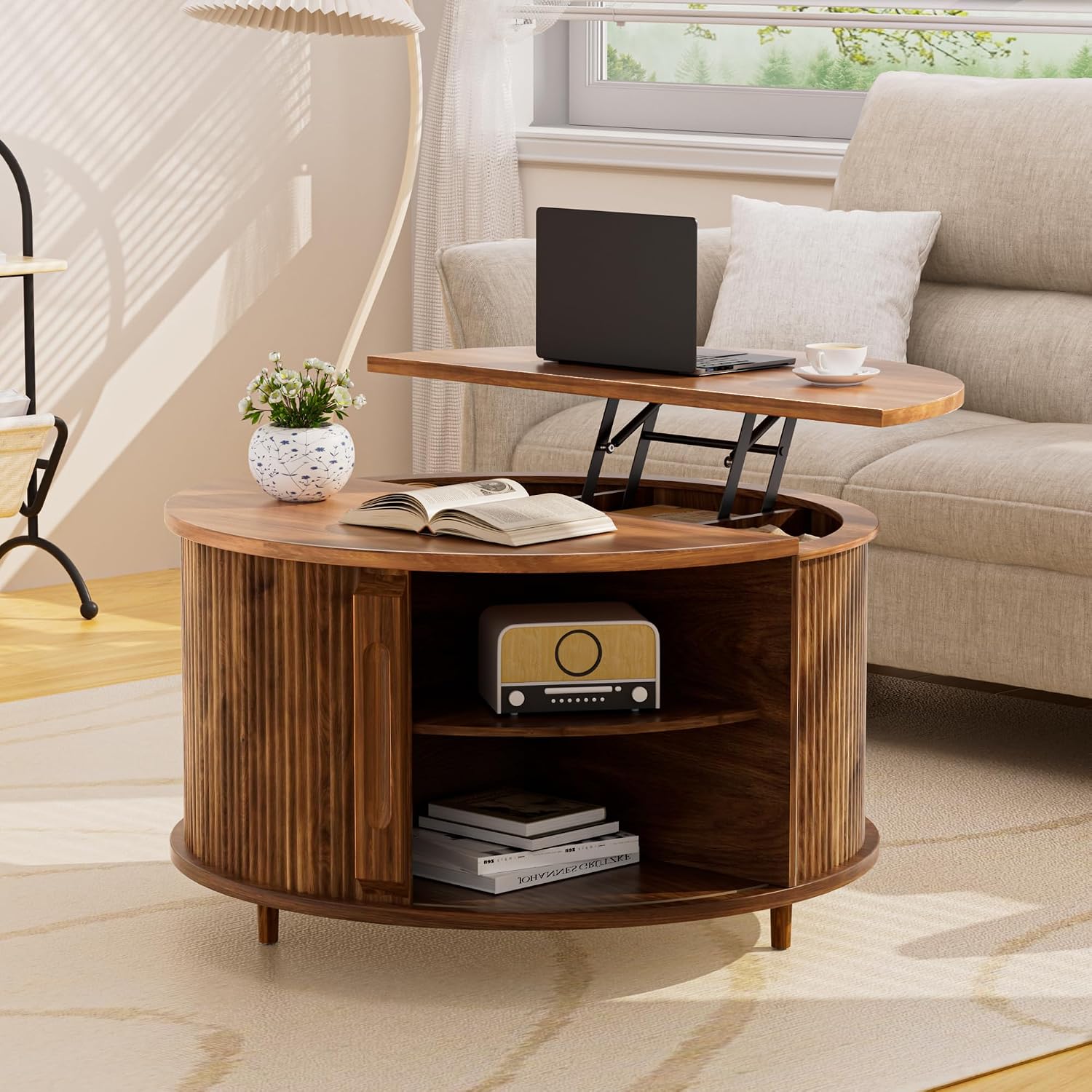 Round Lift Top Coffee Table, 31.5' Fluted Wood Lift Up Center Table with Sliding Door & Hidden Storage, Mid Century Modern Coffee Table for Living Room & Home Office (Walnut)