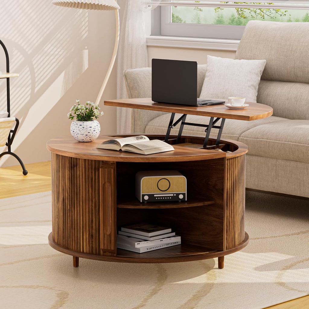 Round Lift Top Coffee Table, 31.5' Fluted Wood Lift Up Center Table with Sliding Door & Hidden Storage – Mid Century Modern Circle Coffee Table for Living Room, Home Office, Apartment (Walnut)