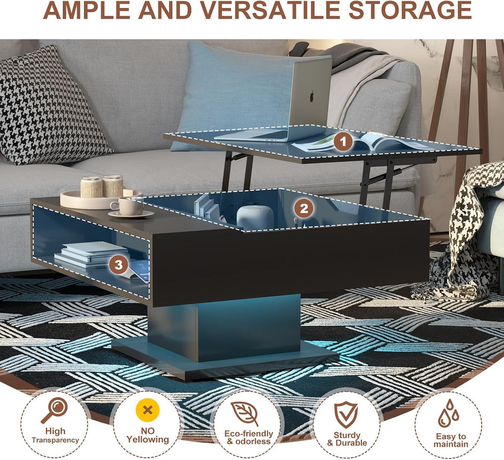 Square Lift Top Coffee Table with Storage, Black Led Coffee Table for Living Room with Large Hidden Storage, 30.7' Wood Table Led Center Table for Dining Reception Room