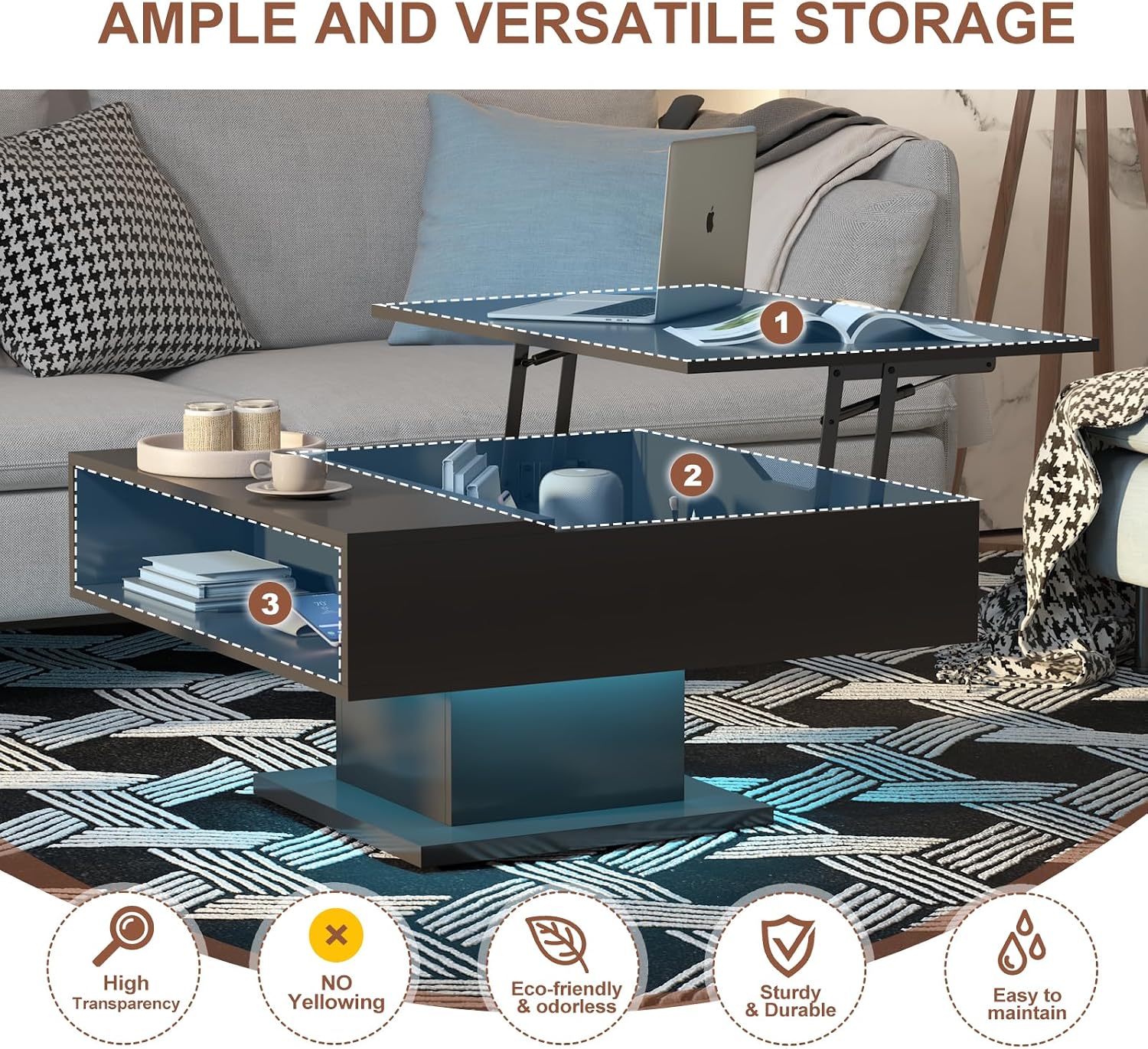Square Lift Top Coffee Table with Storage, Black Led Coffee Table for Living Room with Large Hidden Storage, 30.7' Wood Table Led Center Table for Dining Reception Room