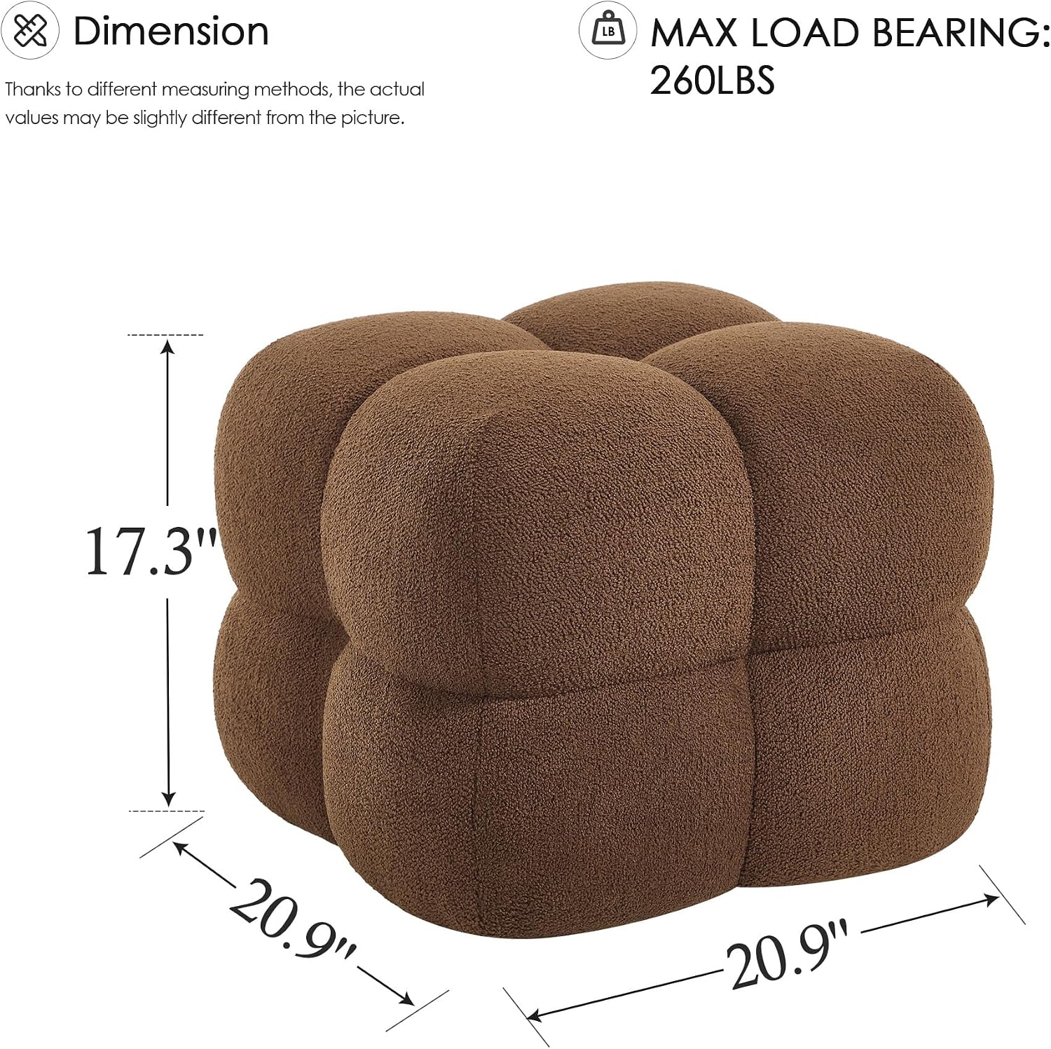 Zesthouse Square Pouf Ottomans Footstool Set of 2, Upholstered Poofy Ottoman for Couch Sofa, Modern Ottoman Coffee Table for Living Room, Rust Brown Boucle Fabric Stool Foot Rest, Cute Vanity Chair