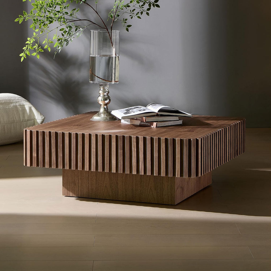 KEIKI 35' Handcraft Drum Square Wooden Coffee Table with Sturdy MDF Pedestal, Modern Style Solid Wood Relief Coffee Table, Easy Assembly, for Living Room, Bedroom, Reception Room, Walnut