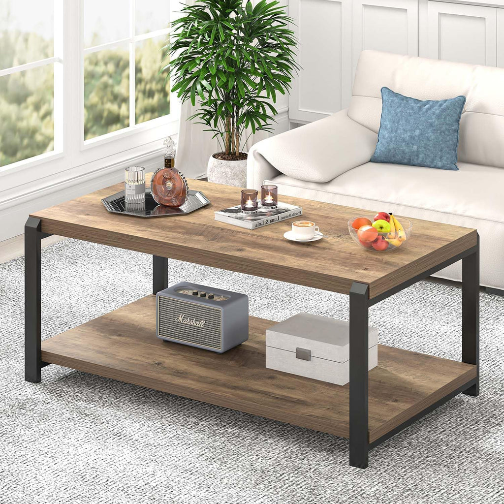 EXCEFUR Modern Coffee Table, Rustic Wood and Metal Center Table for Living Room, Industrial Rectangle Cocktail Tea Table with Storage, Oak