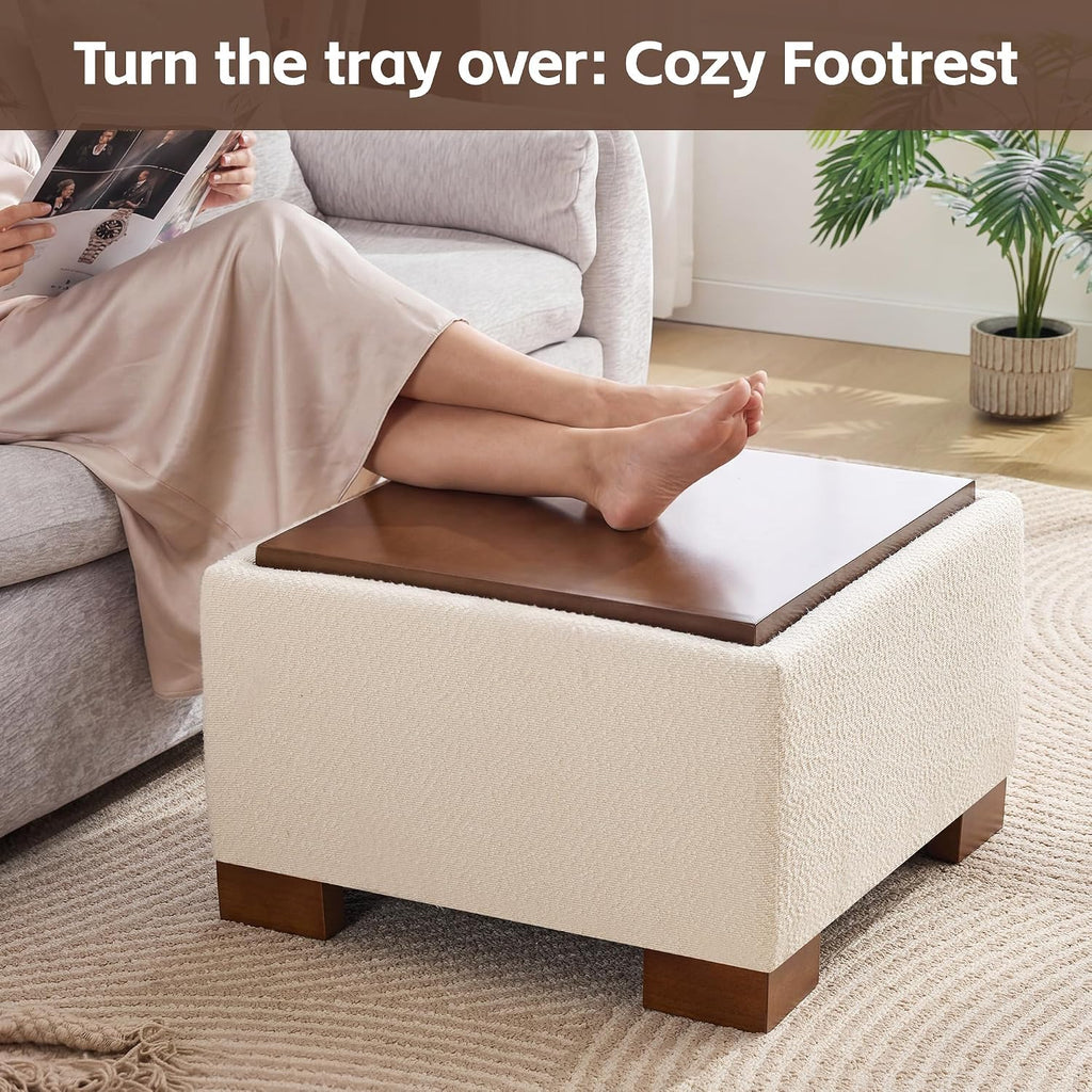 WUTUTUEE 24' Square Ottoman Coffee Table with Storage, Boucle Ottomans with Tray and Solid Wood Legs for Living Room, Bedroom and Apartments, Small Modern Ottoman Tea Table with Lift-Off Lid, Beige