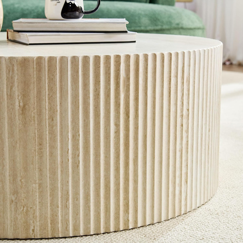 JUSTONE Round Coffee Tables for Living Room,Modern 35.43'' Fiberglass Cream Style Coffee Table for Small Space,Apartment,Balcony,Matte White