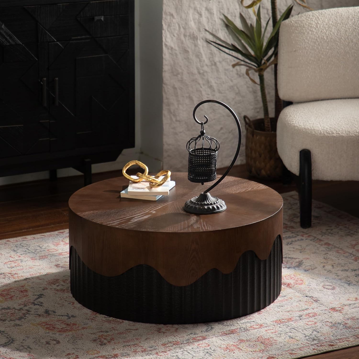 GDFStudio 30.3' Round Coffee Table with Walnut Table Tops, Bark Texture Veneer Circle Coffee Tables with Handcrafted Relief Base, Modern Living Room Side Tea Tables, No Assembly, Black+Walnut