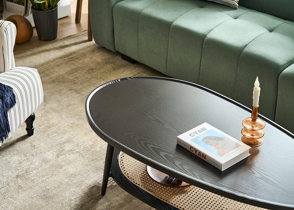 AGV LIGHTING Oval Coffee Table with Storage Shelf, 47' Mid Century Modern Coffee Table for Living Room, Black Wood Finish MDF Top with Rattan Shelf