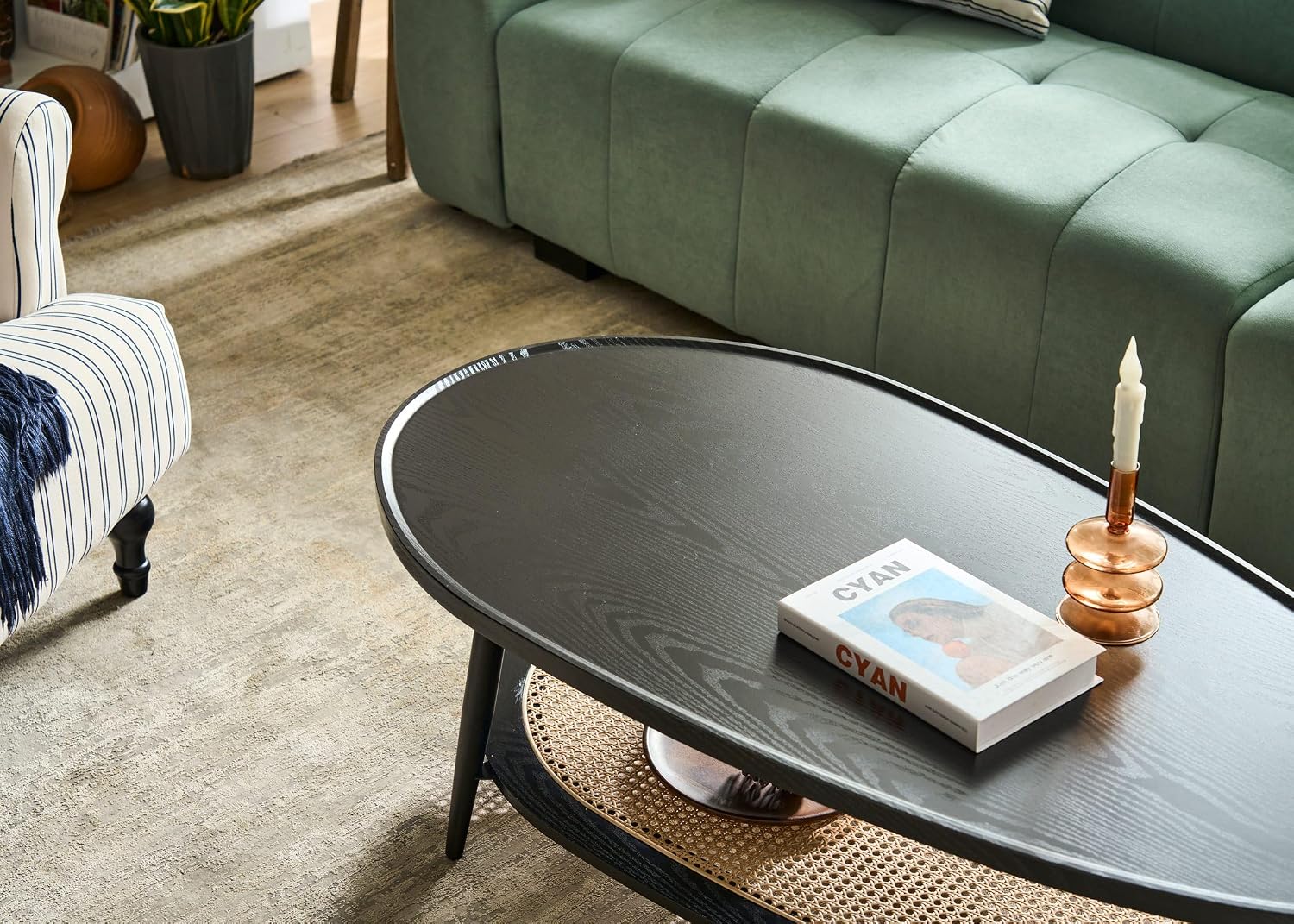 AGV LIGHTING Oval Coffee Table with Storage Shelf, 47' Mid Century Modern Coffee Table for Living Room, Black Wood Finish MDF Top with Rattan Shelf
