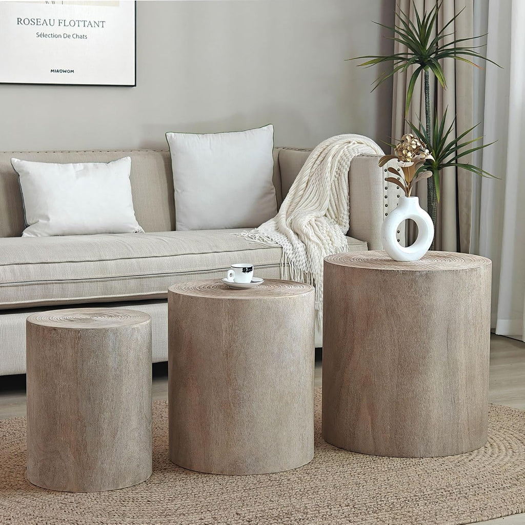 WILLIAMSPACE Round Nesting Coffee Table Set of 3, Modern Wood Coffee Tables Accent Circle Side Table for Living Room, Farmhouse, No Assembly, 18.3' + 15.2' + 12.2' (Natural Wood Wash)