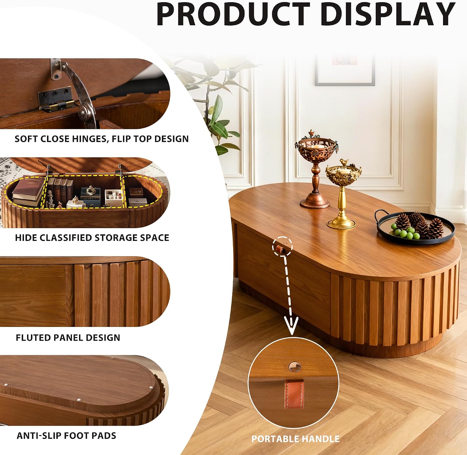 Flip Top Oval Coffee Table with Compartment Storage, 47'' Mid Century Modern Coffee Table for Living Room, Fluted Center Table Tea Table with Soft Handle for Small Space Office Apartment