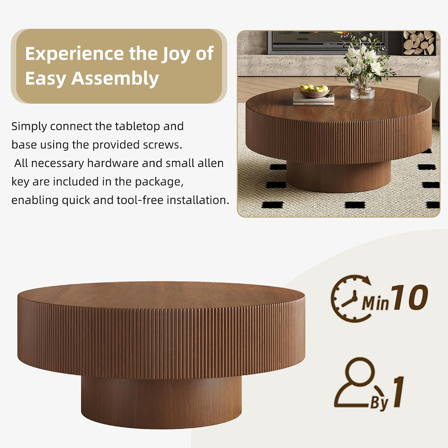 LUMISOL Modern Round Coffee Table for Living Room, Fluted Center Table with Thick Tabletop, Wave Design Drum Tea Tables, Circle End Table with Sturdy Base, 31.5' W*13.7' H, Walnut