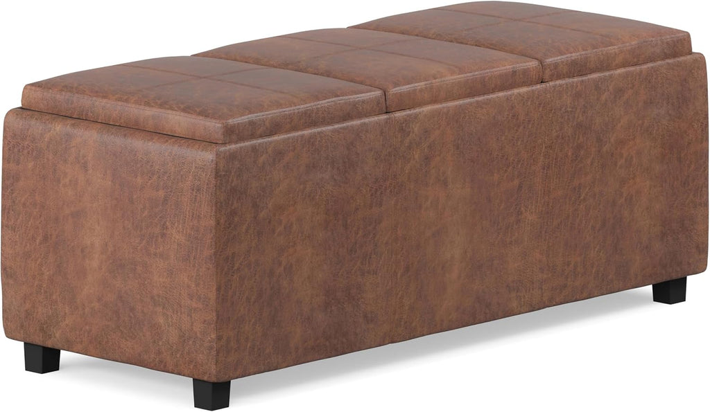 SIMPLIHOME Avalon Storage Ottoman - 42 inch Wide Upholstered Vegan Leather Rectangular Flip-Top Ottoman in Distressed Saddle Brown, Contemporary Coffee Table Ottoman for Living Room with Storage