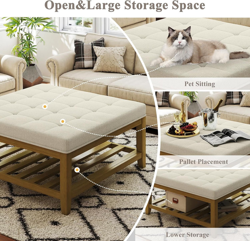 Befurtori Large Square Ottoman Coffee Table, Linen Solid Upholstered Footrest Ottoman with Solid Wood Shelf Storage Tufted Coffee Table for Bedroom Living Room, Ivory