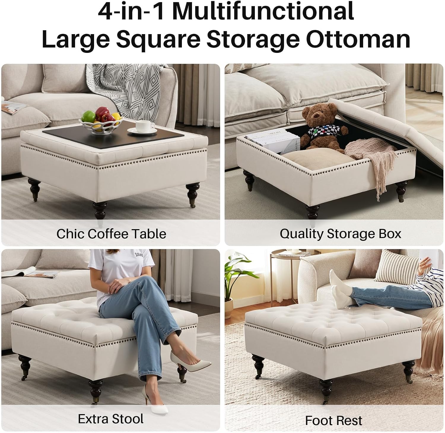 4-in-1 Square Storage Ottoman Bench with Rolling Wheels,Large Ottoman with Storage,Upholstered Coffee Table for Living Room/Bedroom,Beige
