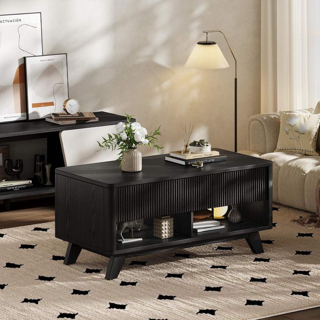 ONBRILL Farmhouse Lift Top Coffee Table, Mid Century Modern Coffee Table with Hidden Storage Compartment, Fluted Rising Pull up Wood Modern Center for Living Room, Office, Black