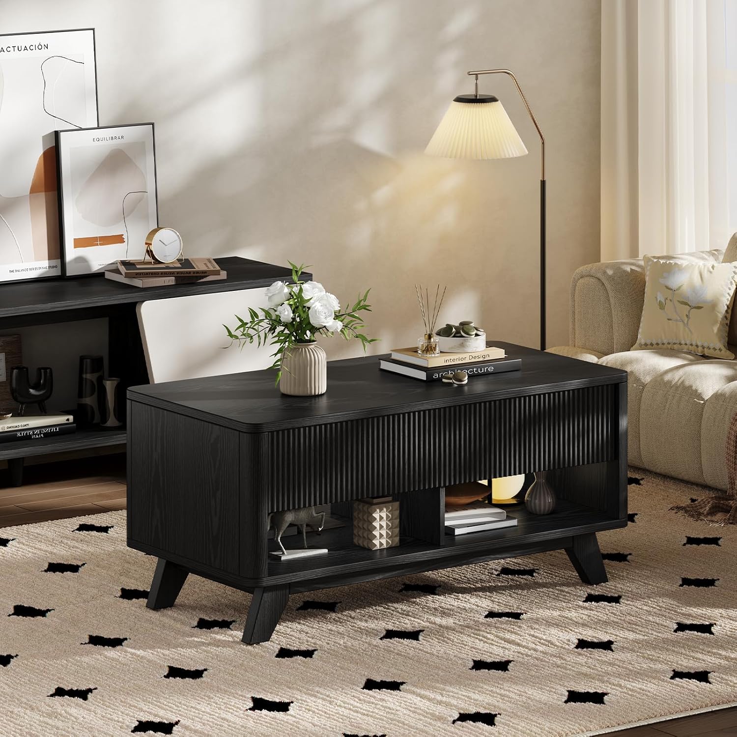 ONBRILL Farmhouse Lift Top Coffee Table, Mid Century Modern Coffee Table with Hidden Storage Compartment, Fluted Rising Pull up Wood Modern Center for Living Room, Office, Black