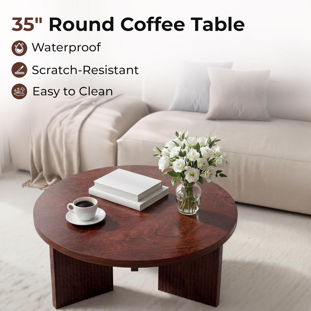 Wooden Round Coffee Table, 35' Coffee Table with Smooth Thick Mesa, Low Circle Center Table with X Shaped Stable Legs, Accent Tea Table for Living Room, Office, Burgundy