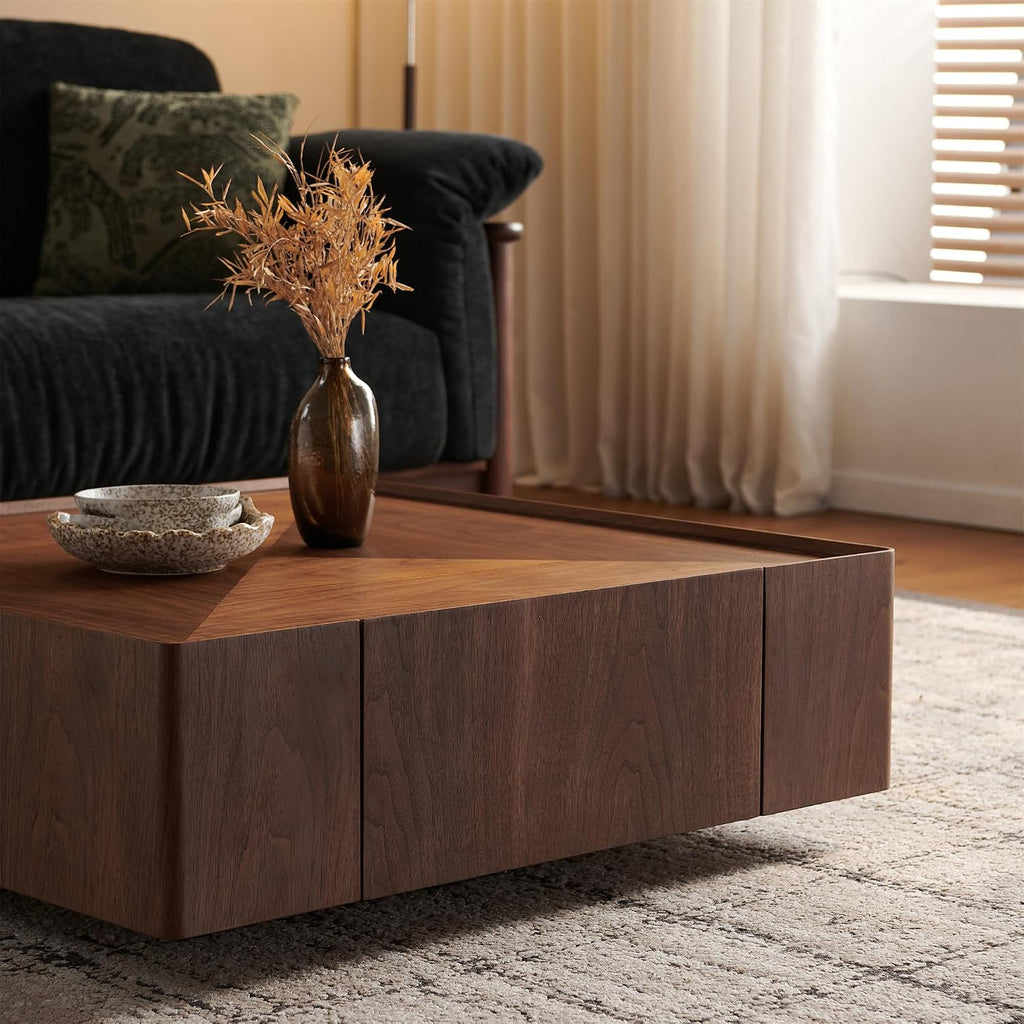 SSLine 35.4-Inch Square Coffee Table with Storage Drawers,Fully Assembled Wooden Coffee Table with Solid Wood Veneered Mid-Century Modern Cocktail Center Tables for Living Room Office,Walnut