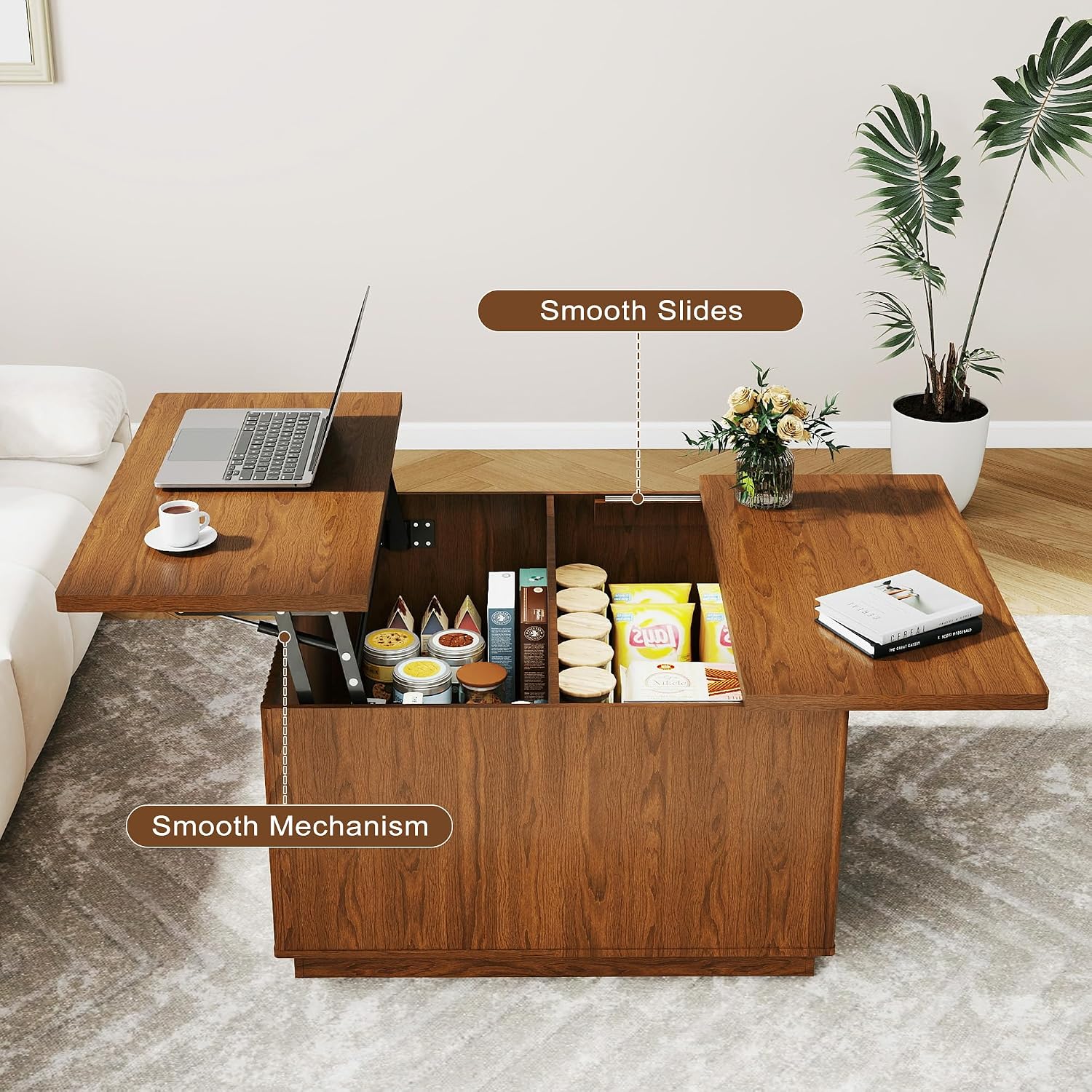 Fluted Coffee Table with Lifting Top, 31.5' Square Coffee Table with Storage, Mid Century Modern Center Table for Living Room, Home Office, Brown