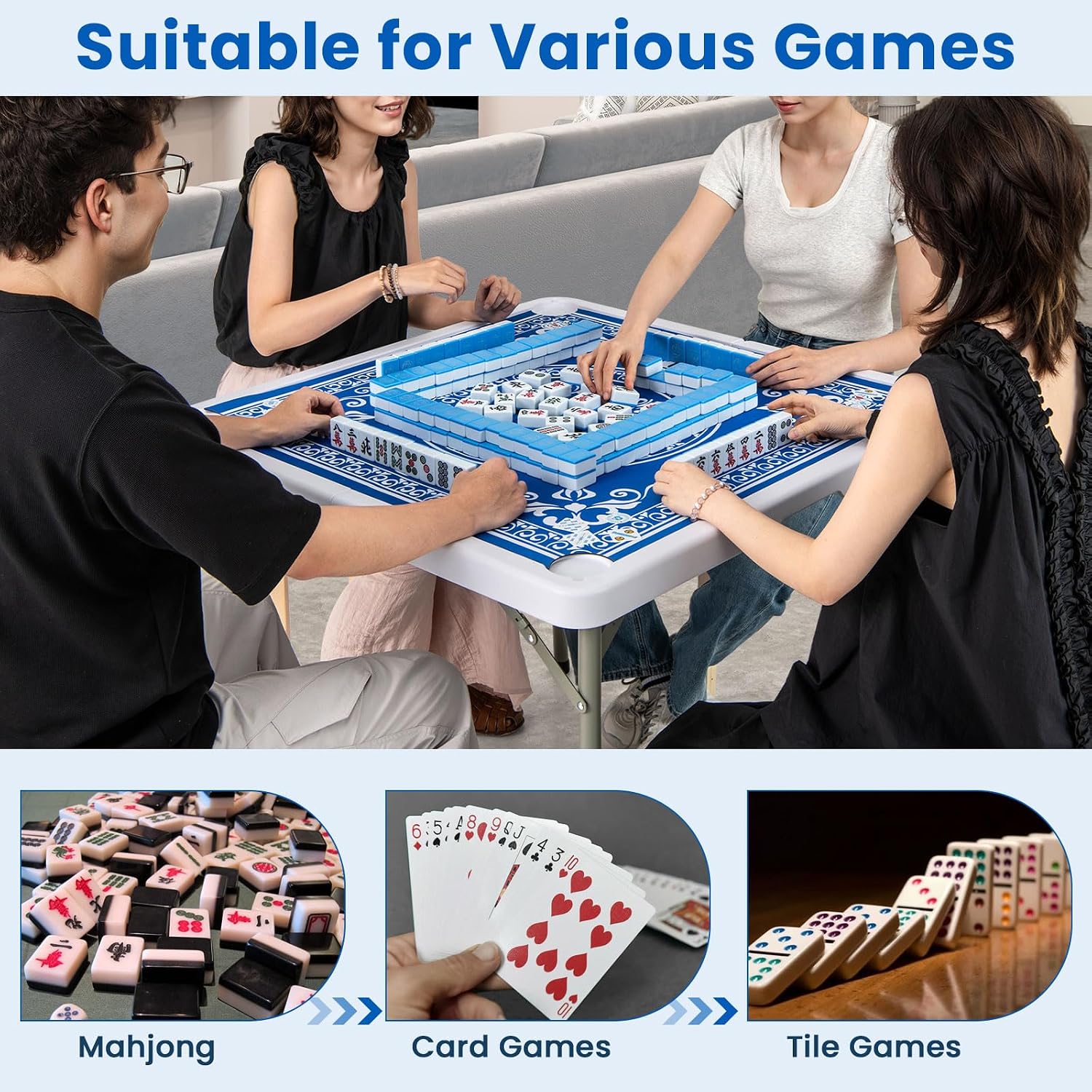 Goplus Mahjong Table, 35' Square Folding Card Table w/4Cup Holders, Anti Slip Mat, HDPE Tabletop, Metal Legs, Portable Mahjong Game Table for Domino Game, Picnic (Ocean Blue, Table w/Removable Mat)
