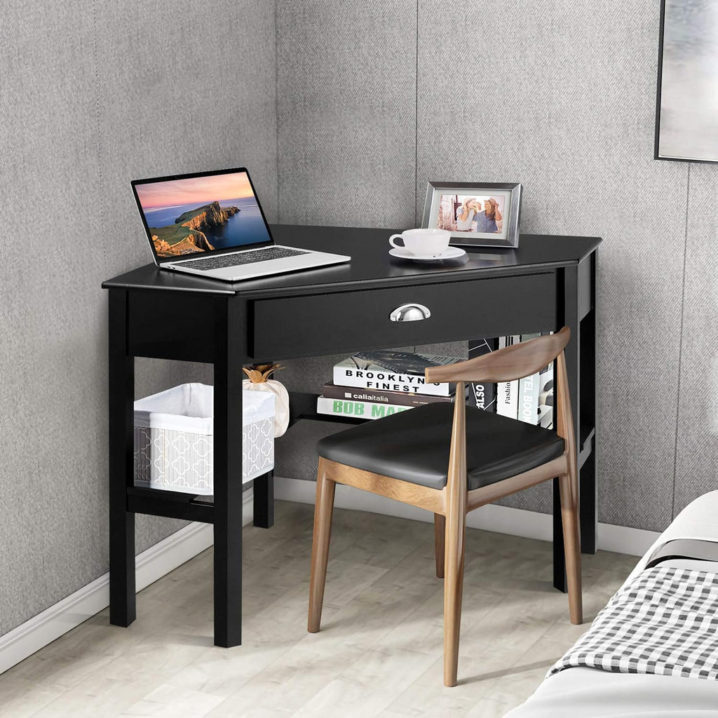 GOFLAME Computer Corner Desk, Wood Compact Home Office Writing Workstation with Drawer and Shelves, Laptop PC Corner Table for Small Space Home Office, Black