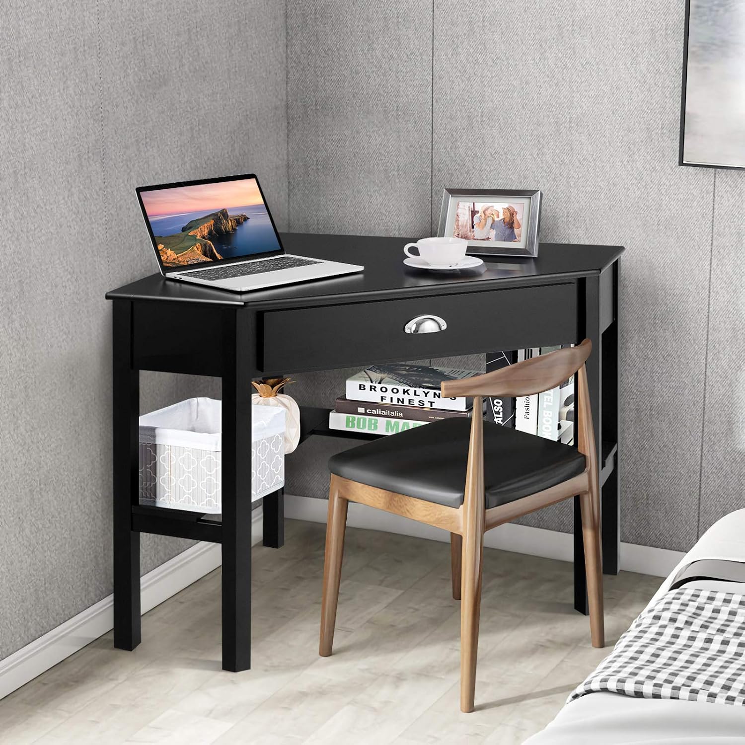 KOTEK Corner Desk with Drawer and Shelves, Wooden Home Office Desk Triangle Computer Desk, Writing Study Desk Computer Workstation, Makeup Vanity Table (Black)