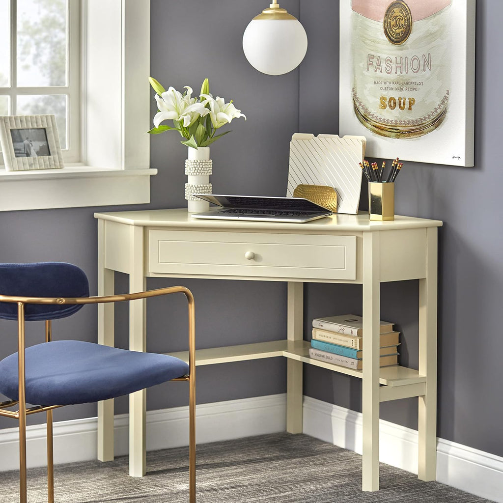 Ellen Wood Small Corner Desk with Wooden Knob Storage Drawer and Shelf – Compact Computer Table for Home Office, Bedroom, or Study (Antique White)