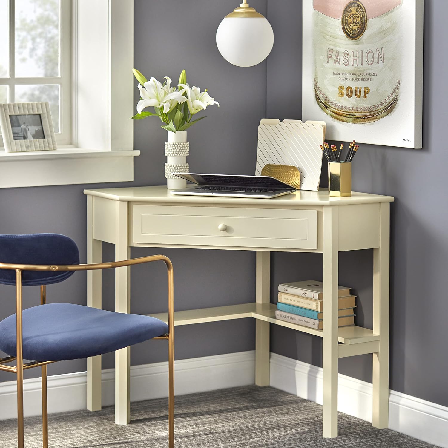 Ellen Wood Small Corner Desk with Wooden Knob Storage Drawer and Shelf – Compact Computer Table for Home Office, Bedroom, or Study (Antique White)