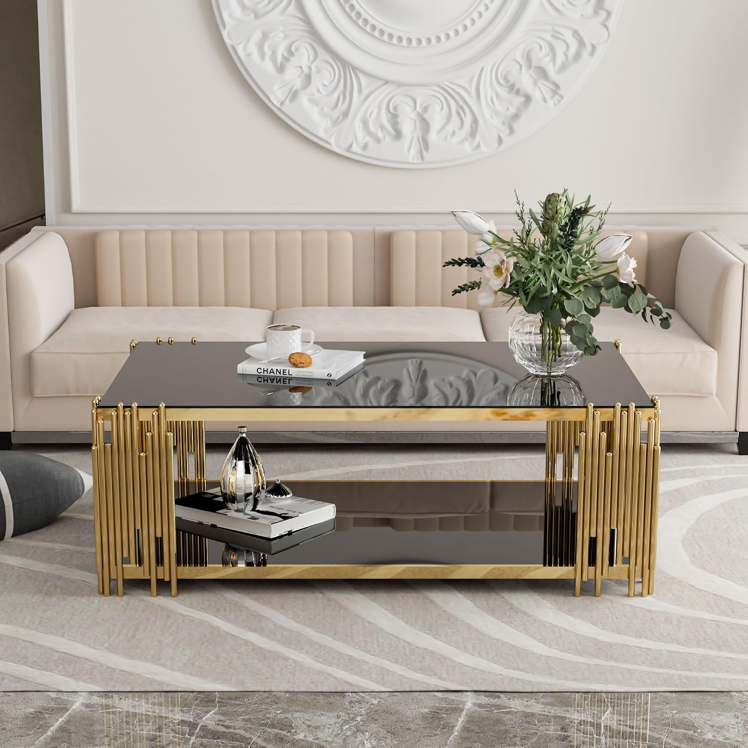 Glass Coffee Table Set of 3, End Table Modern Living Room Table Rectangle Clear Tempered Glass Stainless Steel Leg, Square Side Table for Home Furniture Set (Black-2, 51' Set of 3)