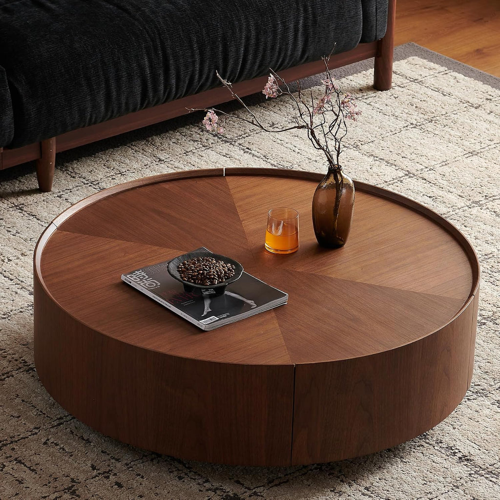 SSLine 39.4-Inch Round Coffee Table with Storage Drawers,Fully Assembled Wooden Coffee Table with Solid Wood Veneered Mid-Century Modern Cocktail Center Tables for Living Room Office Apartment,Walnut