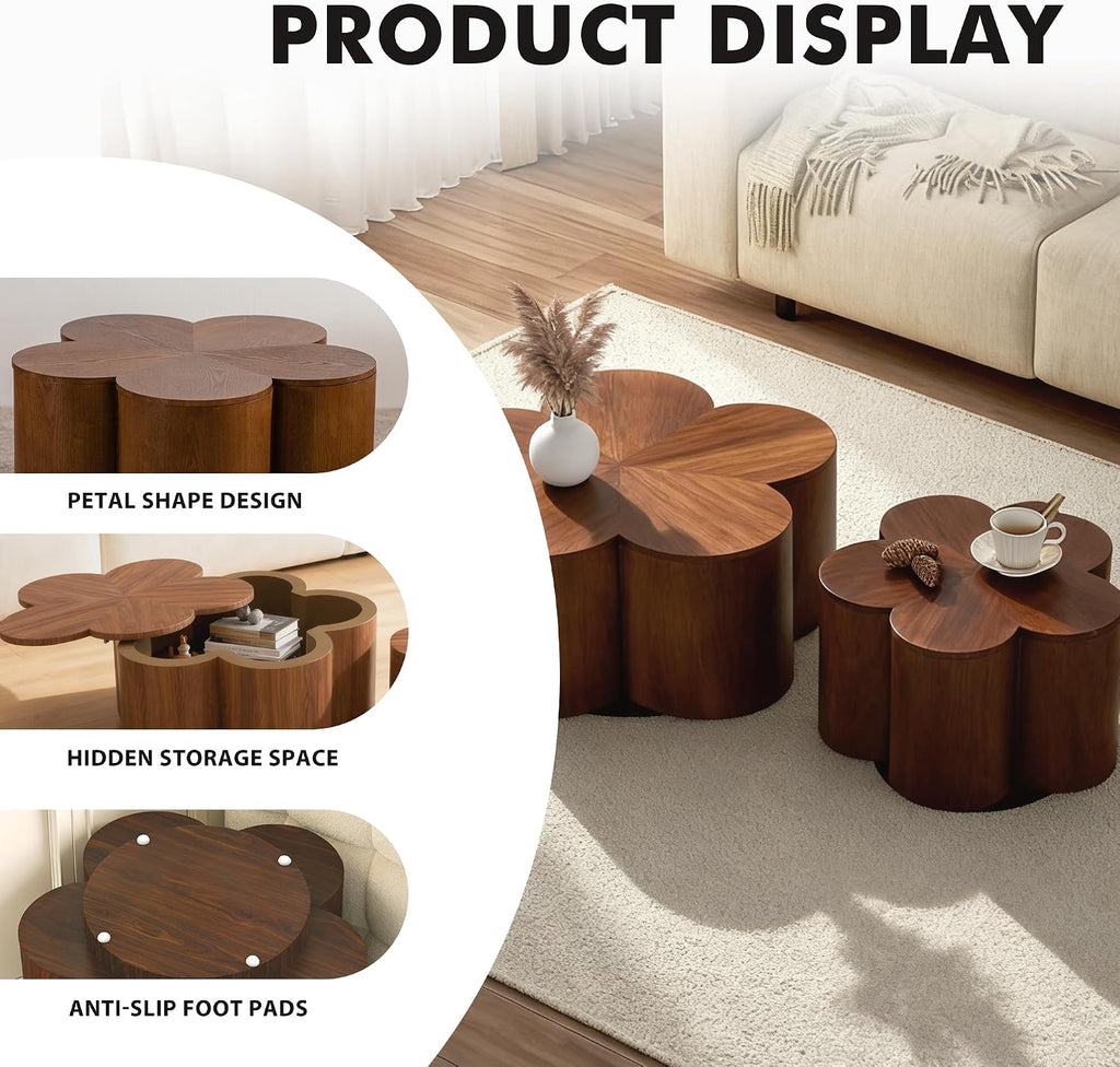 Nesting Tables for Living Room with Storage, Retro Nesting Coffee Table Set of 2, Petal Walnut Solid Wood Coffee Tables Mid Century Modern Center End Side Table Sets for Farmhouse Apartment Office