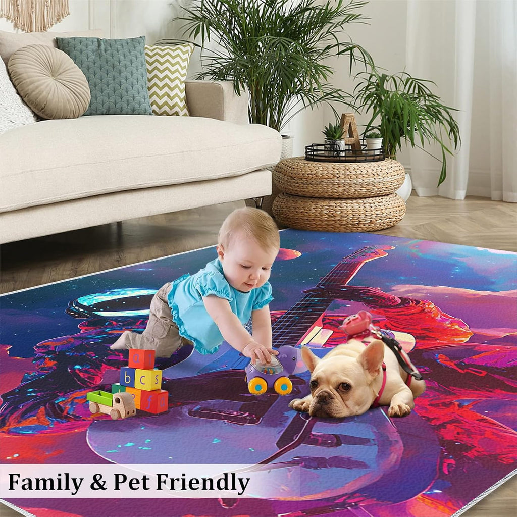 Guitar Rugs for Music Room - 5x7 Rug, Passion Rock Rug, Music Lovers Washable Area Rugs for Bedroom, Fantasy Galaxy Carpet, Boys Room Carpet - Guitar Home Decor & Gift
