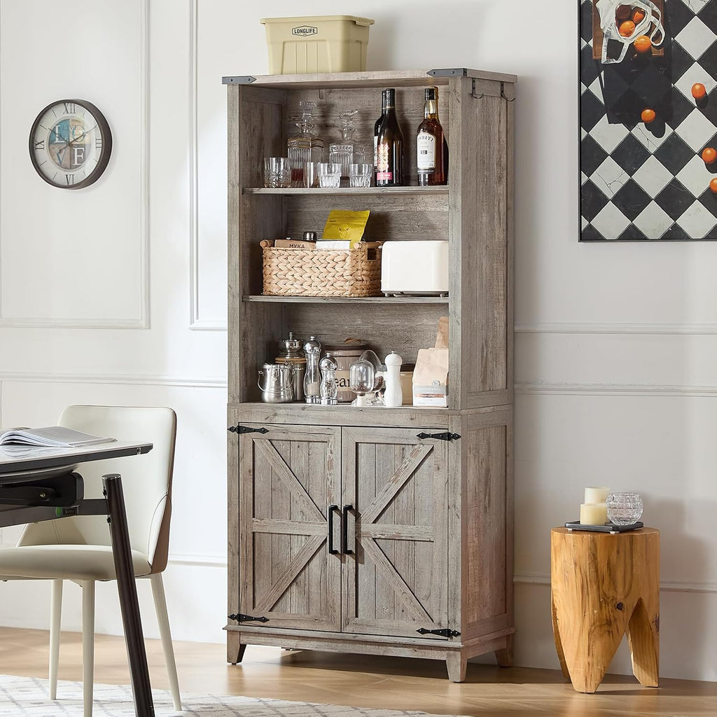 Joaxswe 70in Tall Bookshelf 5 Tier Bookcase with Barn Doors and Adjustable Shelves, Grey Farmhouse Book Shelf with Storage Cabinet, Wood Freestanding Display Bookshelves for Bedroom, Kitchen (2 PCS)
